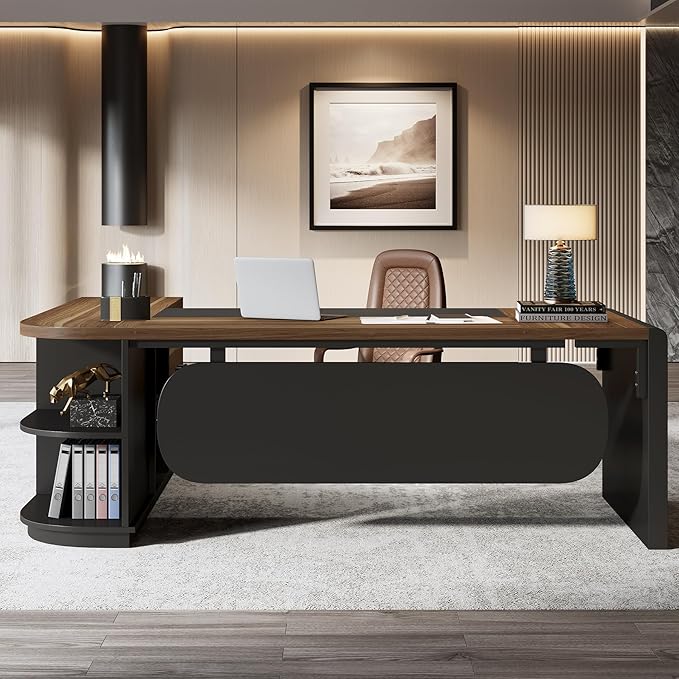 Tribesigns 80'' L-Shaped Desk Set of 6, Large Executive Office Desk with 55'' Drawers Cabinet, Modern Computer Table with Storage Shelves, Business Furniture for Office, Brown