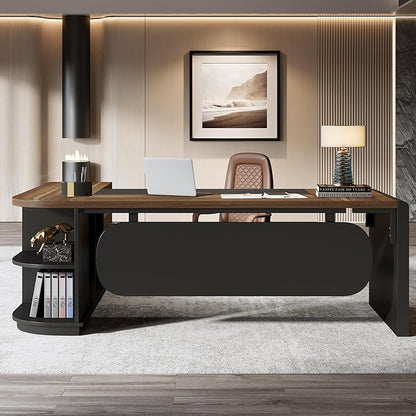 Tribesigns 80'' L-Shaped Desk Set of 6, Large Executive Office Desk with 55'' Drawers Cabinet, Modern Computer Table with Storage Shelves, Business Furniture for Office, Brown