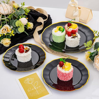 EI 150pcs Black Plastic Plates,Black and Gold Fancy Plate,Gold Plastic Silverware,Black and Gold Dinnerware Set,Premiun Heavy Duty Taleware,Perfect for Party,Wedding,Christmas,New Year