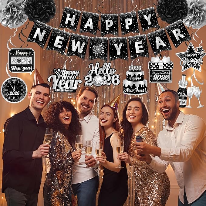 Happy New Year 2026 Silver and Black, NYE Party Supplies includes Happy New Years Banner Hanging Swirls and Silver Tissue Pom Poms, New Year Hanging Swirls for Indoor Outdoor Classroom Office