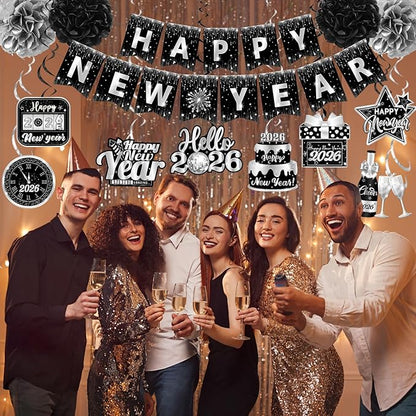 Happy New Year 2026 Silver and Black, NYE Party Supplies includes Happy New Years Banner Hanging Swirls and Silver Tissue Pom Poms, New Year Hanging Swirls for Indoor Outdoor Classroom Office