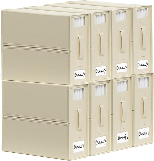 SheetCube Bed Sheet Organizers and Storage 8 Pack, Foldable Linen Closet Organizer with Window and Label, Bedding Folder Storage Box Container for Blanket, Duvet Cover Set, Bed Sheet Set - Beige
