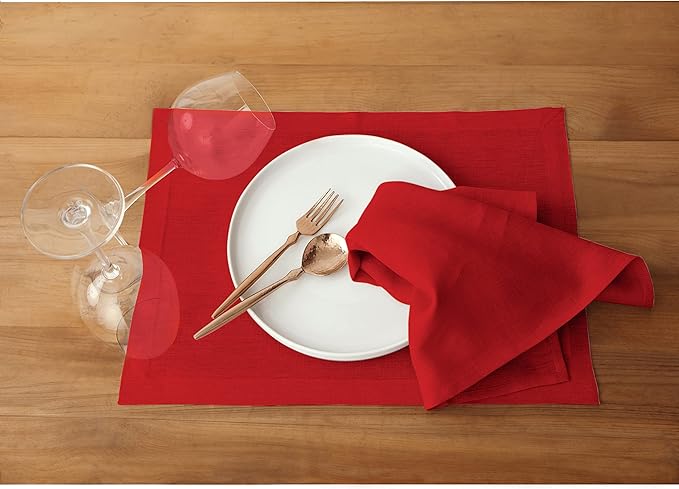 Solino Home Linen Red Placemats Set of 6-100% Pure Linen Placemats 14 x 19 Inch for Christmas, Holiday, Winter, New Year - Fete