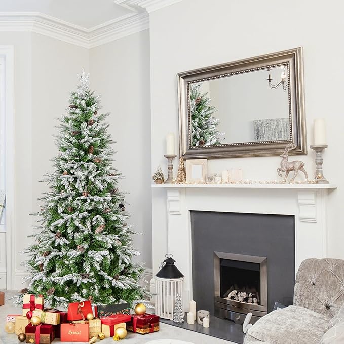 GOFLAME 6FT Pre-Lit Artificial Christmas Tree, Snow Flocked Xmas Tree with 765 Branch Tips, 280 Warm White LED Lights, 62 Pine Cones, Holiday Decoration Tree for Home Office Party