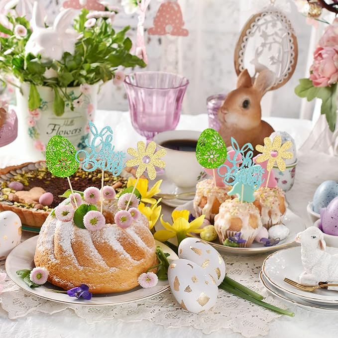 24 Pcs Oh Baby Cupcake Toppers - Blue Glitter Babyshower Cake Picks - Happy Easter Bunny & Spring Theme Boy Birthday Party Decorations