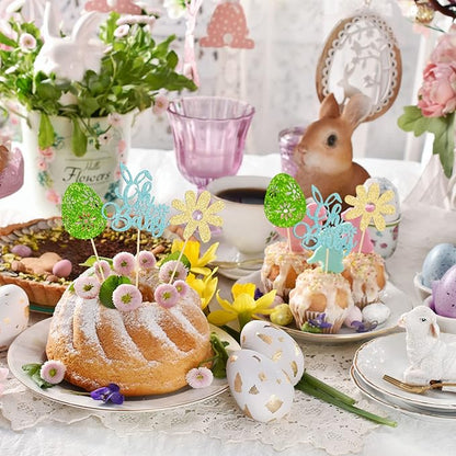 24 Pcs Oh Baby Cupcake Toppers - Blue Glitter Babyshower Cake Picks - Happy Easter Bunny & Spring Theme Boy Birthday Party Decorations