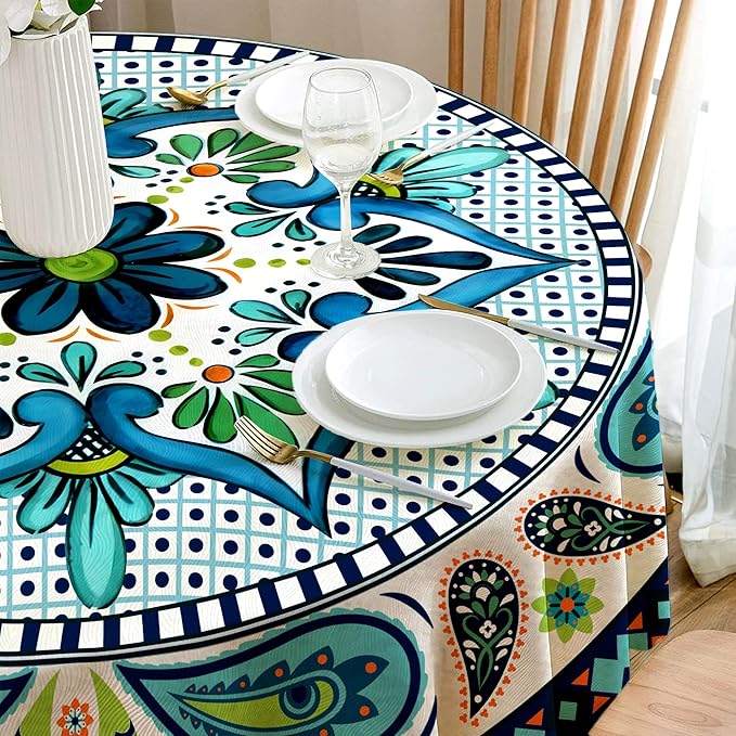 Eikione Boho Round Tablecloth 60inch, Bohemia Table Cloth, Polyester Waterproof Stain Wrinkle Free Tablecloths, Indoor and Outdoor Table Cover for Home Kitchen Dining Decor