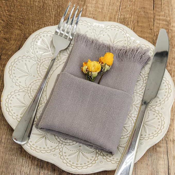 Handmade Cloth Napkins with Fringe,18 x 18 Inches Cotton Linen Napkins Set of 4 Versatile Handmade Square Rustic Fringe Napkins for Dinner, Wedding and Parties, Gray