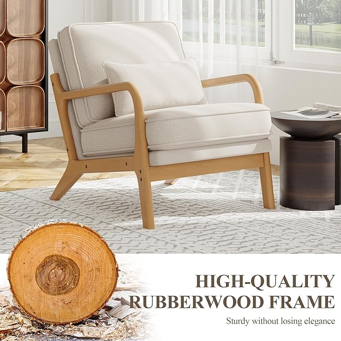 Mid-Century Accent Chair Set of 2 with Solid Wood Frame, Reading Relaxing Armchair Lumbar Pillow& Soft Cushion, Leisure Chair for Living Room, Bedroom, Waiting Room-Beige