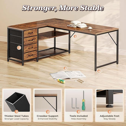 PRAISUN 53" L Shaped Desk with Power Outlets and USB-C Port, Reversible Computer Corner Office Desk with 4 Fabric Drawers and 2 Height-Adjustable Shelves, Large for Gaming Writing Study, Rustic Brown