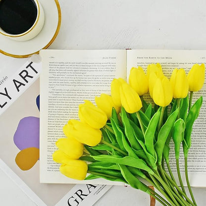 ONLY ART Artificial Yellow Tulips 20 Pcs – 13.5 Inch PU Faux Flowers with Bendable Stems for Home Décor, Wedding Centerpieces, DIY Floral Arrangements, Table Decorations