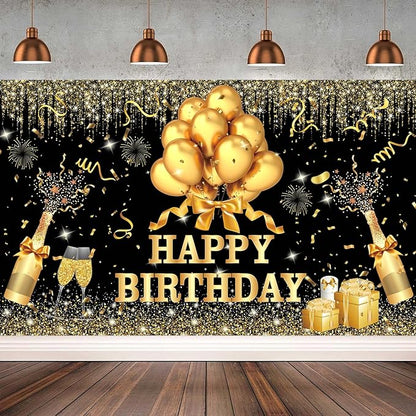 YinQin 180x120 cm Glitter Golden Black Happy Birthday Backdrops Banners Cloth 71x47 inch Bday Party Photography Backgrounds Shiny Black Gold Happy Birthday Sign Party Decorations for Girl Women