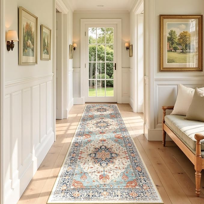 Area Rugs 2'x7' Runner Rug Non Slip Washable for Kitchen Hallway Bedroom Beside Laundry Room Bathroom Rug, Floor Carpet, Beige Navy Blue Orange Colorful