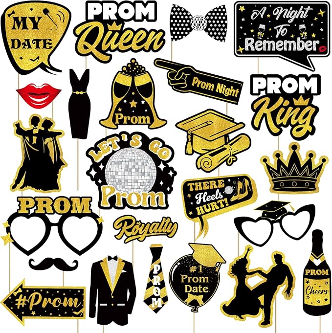 24 Pieces Black Gold Prom Photo Booth Props Kit, Graduation Party Decorations Supplies for Prom Night, Themed Dance & Senior High School Decor
