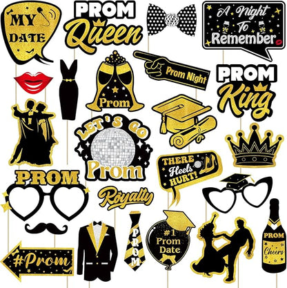 24 Pieces Black Gold Prom Photo Booth Props Kit, Graduation Party Decorations Supplies for Prom Night, Themed Dance & Senior High School Decor