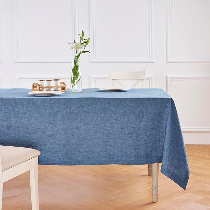 Solino Home Linen Tablecloth 60 x 120 Inch - 100% Pure Linen Blue Denim Table Cloth for Rectangle Tables - Athena, Machine Washable Tablecloth for Christmas, New Year