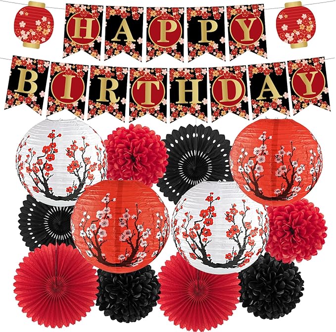 14Pcs Hibachi Party Decorations, Japanese Lanterns with Cherry Blossom Patterns Tissue Paper Pom Poms Round Paper Fans Happy Birthday Banner Set for Hibachi Japanese Party Decorations