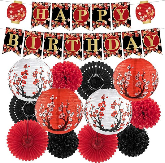 14Pcs Hibachi Party Decorations, Japanese Lanterns with Cherry Blossom Patterns Tissue Paper Pom Poms Round Paper Fans Happy Birthday Banner Set for Hibachi Japanese Party Decorations