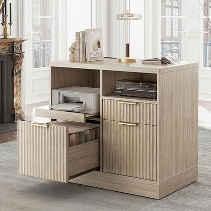 3 Drawer File Cabinet, Fluted Wood Lateral Filing Cabinet with Charging Station for Home Office, Fits for A4/Letter-Sized Files, Printer Stand with Open Storage Shelves, Natural Walnut
