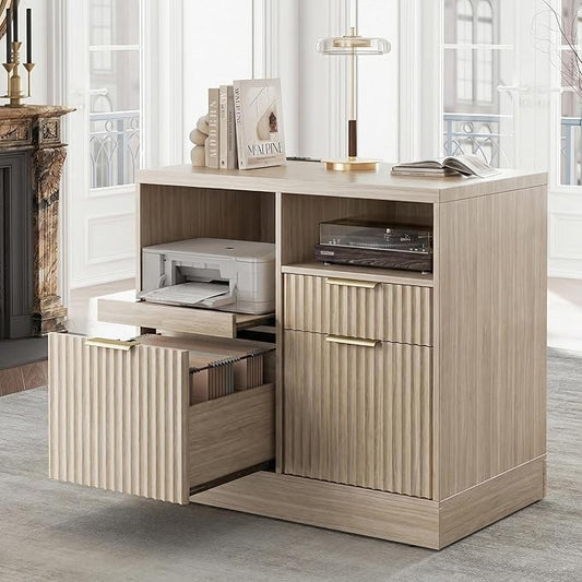 3 Drawer File Cabinet, Fluted Wood Lateral Filing Cabinet with Charging Station for Home Office, Fits for A4/Letter-Sized Files, Printer Stand with Open Storage Shelves, Natural Walnut