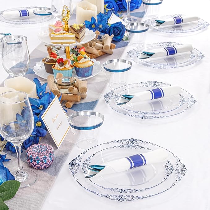 Hioasis 175pcs Clear Blue Plastic Plates - Elegant Disposable Dinnerware Set Suitable for 25 Guests Include 10.25" Dinner & 7.5" Dessert Plates, Pre Rolled Silverware Set, Cups for Party & Christmas