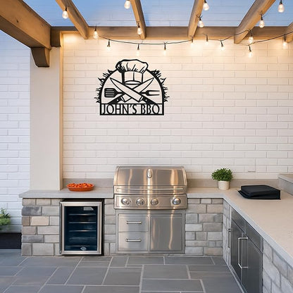 Custom BBQ Grill Name Sign, Personalized Metal Cut Wall Art for Outdoor Patio, Rustic Backyard Barbecue Kitchen Decor