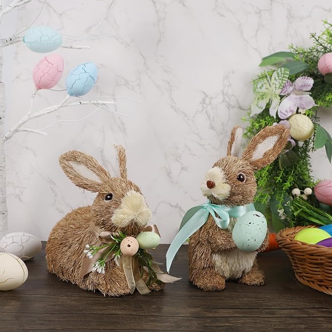 DR.DUDU Set of 2 Easter Decorations Bunny Figurines with Eggs, Spring Straw Rabbit Tabletop Decor, Rustic Sisal Bunny Statues Springtime Decor for Home Table Office Kitchen Farmhouse