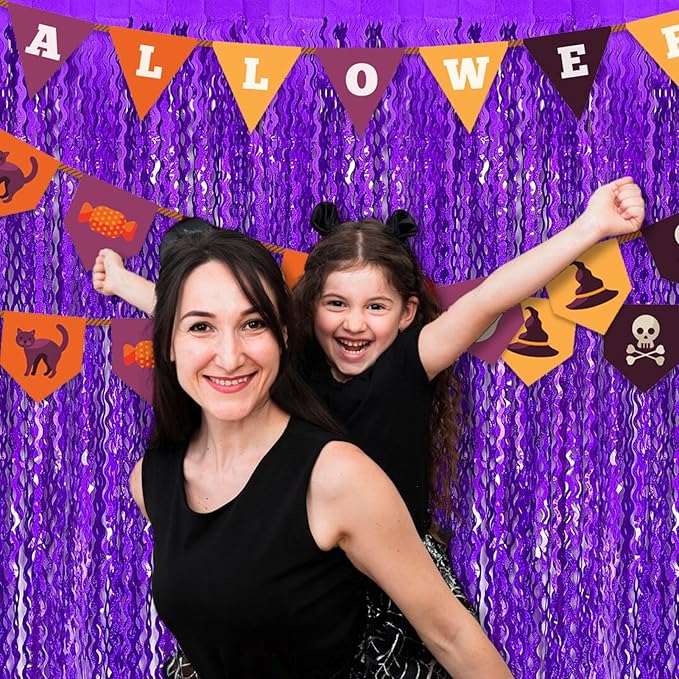 4 Pack Purple Fringe Curtain Backdrop 3.2Ft x 8.2Ft Metallic Tinsel Foil Fringe Streamers Background for Photo Booth, Easter, Mother's Day, Bachelorette, Wedding, Birthday Party Decoration