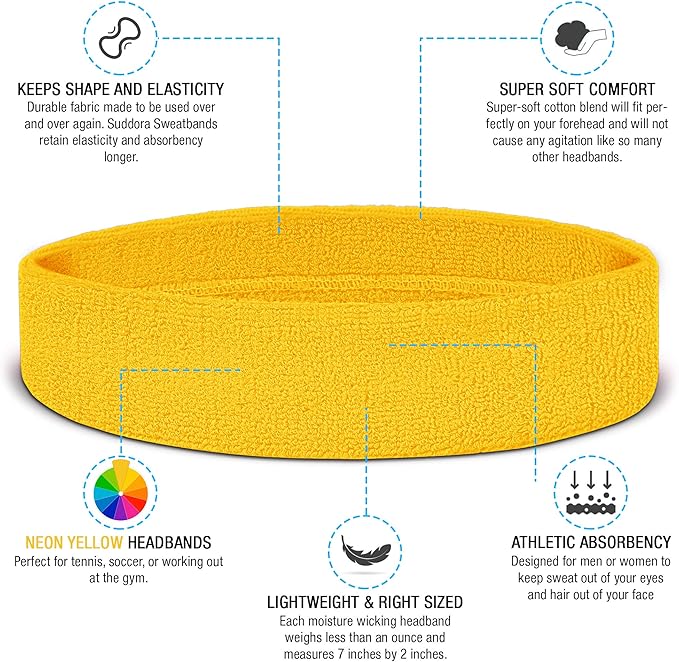 Suddora Workout Headband for Men and Women, Moisture-Wicking Athletic Sweatband, Lightweight Cotton Terry Cloth Bands for Basketball, Tennis, Football, Gym, Running, Cosplay & Costumes