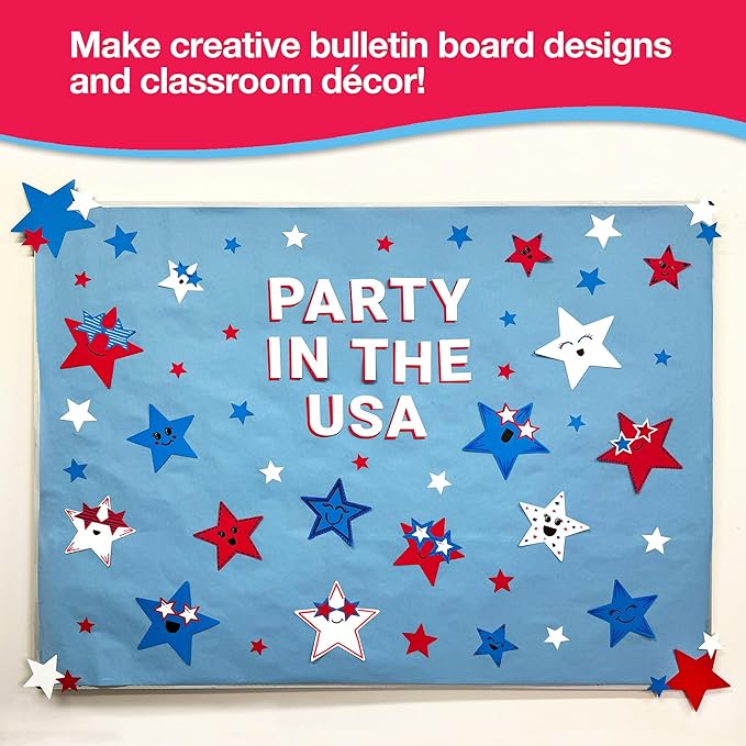 241 Pieces Star Cutouts, 2-Sided US Made Card Stock Punch Out Patriotic Red, White, and Blue Stars for Classroom Decor, Back to School DIY Craft Projects, Party Decoration, 4th of July Themed Events