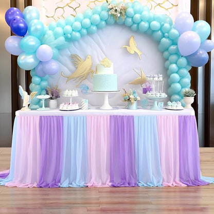 Mermaid Tulle Table Skirt Blue Pink Purple Striped Table Skirts for Rectangle Tables Frozen Baby Shower Mermaid Birthday Parties Decoration 14ft