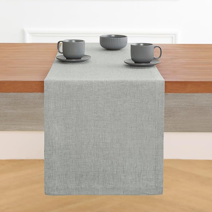 Solino Home Linen Table Runner 90 Inches Long - Athena, 100% Pure Linen Chambray Grey Table Runner 14 x 90 Inch for Dining, Fall, Autumn
