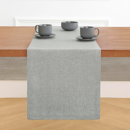 Solino Home Linen Table Runner 108 Inches Long - Athena, 100% Pure Linen Chambray Grey Table Runner 14 x 108 Inch for Dining, Fall, Autumn