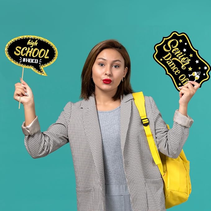 Generic 23 Pcs Homecoming Photo Booth Props Kit - Funny Homecoming Dance Party Photo Booth Props for High School or College Homecoming Party Decorations Supplies Favors, Black Gold Selfie Props