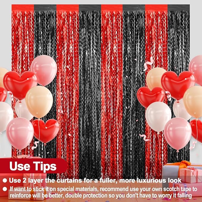 4 Pack Black Red Fringe Curtain Backdrop 3.2Ft x 8.2Ft Metallic Tinsel Foil Fringe Streamers Background for Photo Booth Mother's Day, Easter, Carnival, Birthday, Wedding Party Decoration