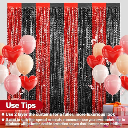 4 Pack Black Red Fringe Curtain Backdrop 3.2Ft x 8.2Ft Metallic Tinsel Foil Fringe Streamers Background for Photo Booth Mother's Day, Easter, Carnival, Birthday, Wedding Party Decoration