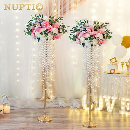 NUPTIO Gold Vases for Centerpieces Wedding - 10 Pcs 39.4in Tall Vase Chandelier Centerpiece for Tables - Flower Stand Bulk for Weddings