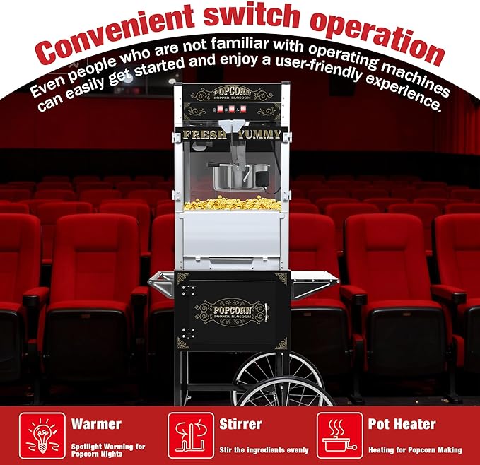 Commercial 20 Oz Popcorn Machine with Cart - 100 Cups, Stainless Steel Kettle, Warming Light - Portable Popper for Home Theater & Parties, Sleek Black
