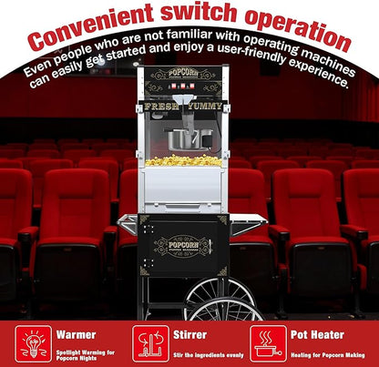 Commercial 20 Oz Popcorn Machine with Cart - 100 Cups, Stainless Steel Kettle, Warming Light - Portable Popper for Home Theater & Parties, Sleek Black