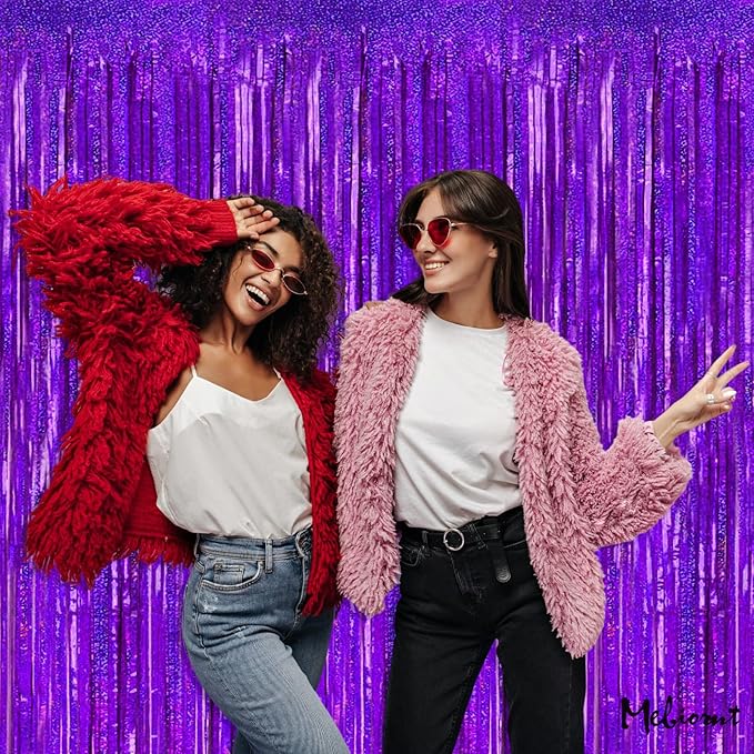 4 Pack 3.2Ft x 8.2Ft Purple Fringe Curtain Backdrop, Sparkle Metallic Tinsel Foil Fringe Streamers Background for Photo Booth Birthday Wedding Baby Shower Halloween Christmas Party Decorations