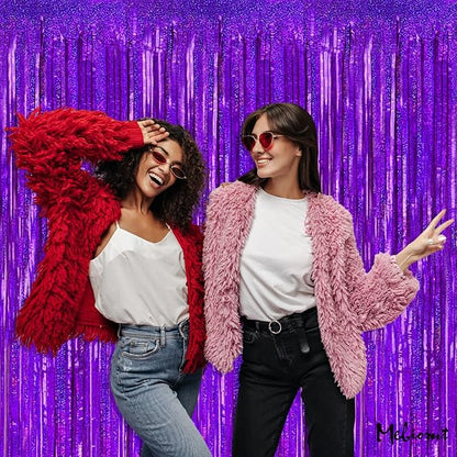 4 Pack 3.2Ft x 8.2Ft Purple Fringe Curtain Backdrop, Sparkle Metallic Tinsel Foil Fringe Streamers Background for Photo Booth Birthday Wedding Baby Shower Halloween Christmas Party Decorations