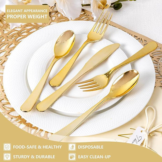 150 PCS Gold Plastic Silverware - Gold Plastic Flatware Disposable - Heavy Duty Disposable Utensils Sets Includes 50 Forks, 50 Spoons, 50 Knives for Christmas Party Wedding