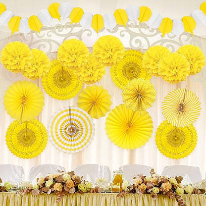 Yellow Party Decorations, Papar Fans Pompoms Fans Garlands for Birthday Bridal Baby Shower Wedding Graduation Spring Festival Party Decorations