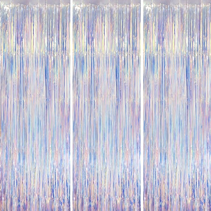 Iridescent Party Backdrop 3Packs Transparent Tinsel Foil Fringe Curtain for Frozen Mermaid Sea Birthday Party Decorations, 3.3x8.2ft Streamers Backdrops