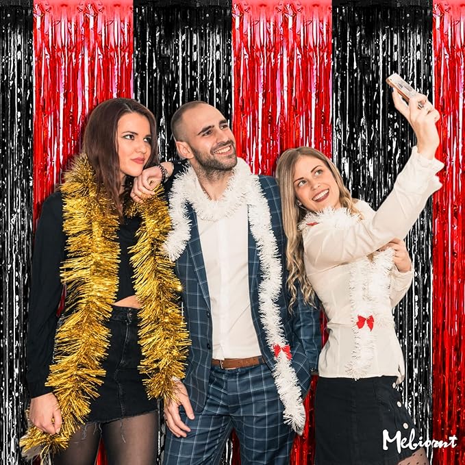 4 Pack 3.2Ft x 8.2Ft Black Red Fringe Curtain Backdrop, Metallic Tinsel Foil Fringe Streamers Curtains Background for Photo Booth Wedding Casino Viva Las Vegas Game Night Birthday Party Decorations