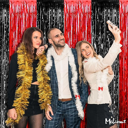4 Pack 3.2Ft x 8.2Ft Black Red Fringe Curtain Backdrop, Metallic Tinsel Foil Fringe Streamers Curtains Background for Photo Booth Wedding Casino Viva Las Vegas Game Night Birthday Party Decorations