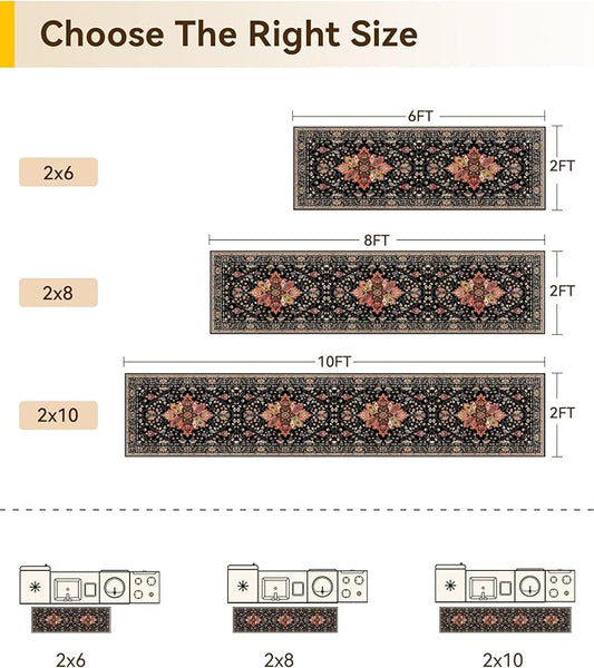 Area Rugs 2'x8' Runner Rug Non Slip Washable for Kitchen Hallway Bedroom Beside Laundry Room Bathroom Rug, Floor Carpet, Black Colorful Floral Dark Tan