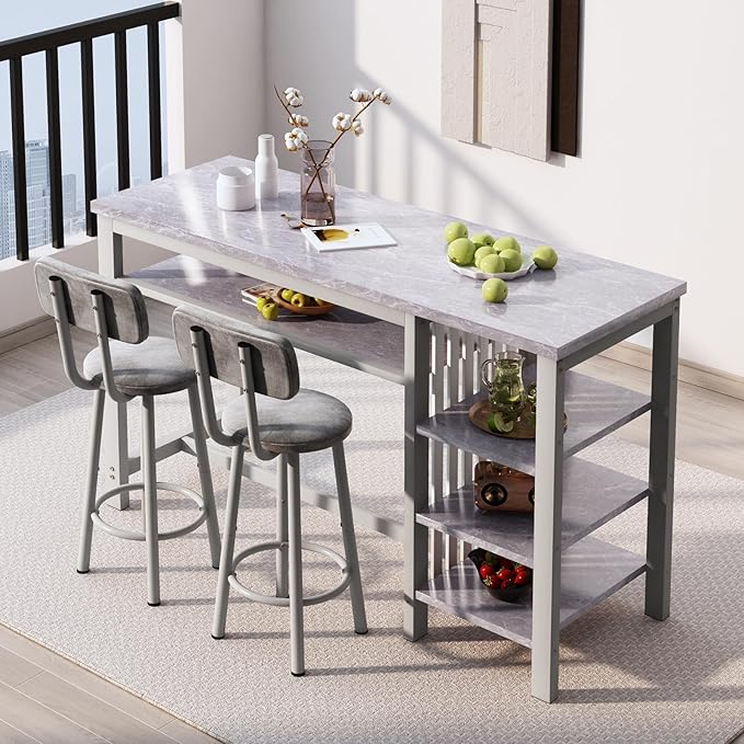 AWQM 3-Piece Bar Table and Chairs Set, Modern Glay Table with 2 PU Cushion Bar Stools, Kitchen Counter with 3 Tier Storage Shelves, Space Saving Table for Home & Kitchen, Black Frame