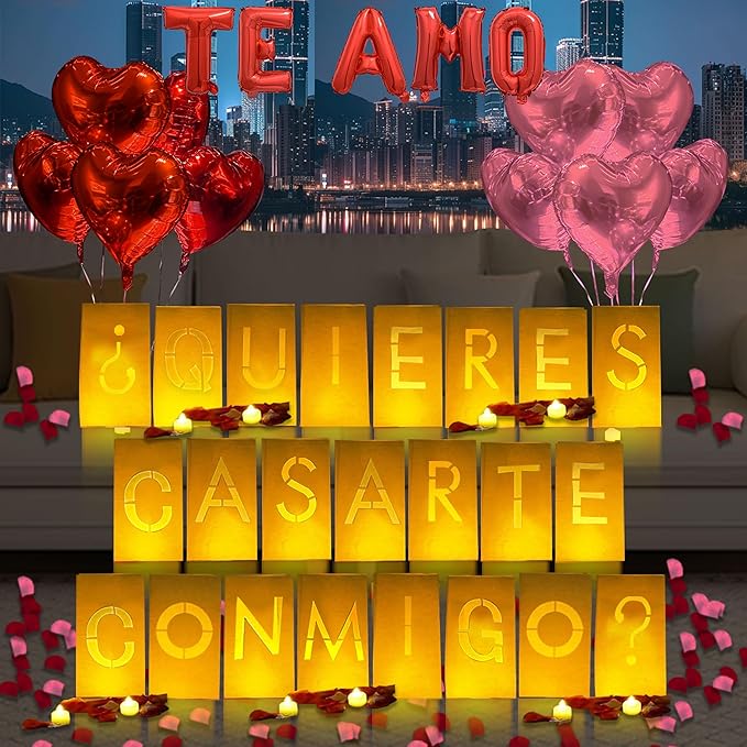 ¿Quieres casarte conmigo? Lighted Letters Sign 17pcs Luminary Paper Bags 2200pcs Red Pink Artificial Rose Petals 48pcs Flameless LED Candle Tealight 15pcs Heart Balloons Romantic Night Valentine's Day