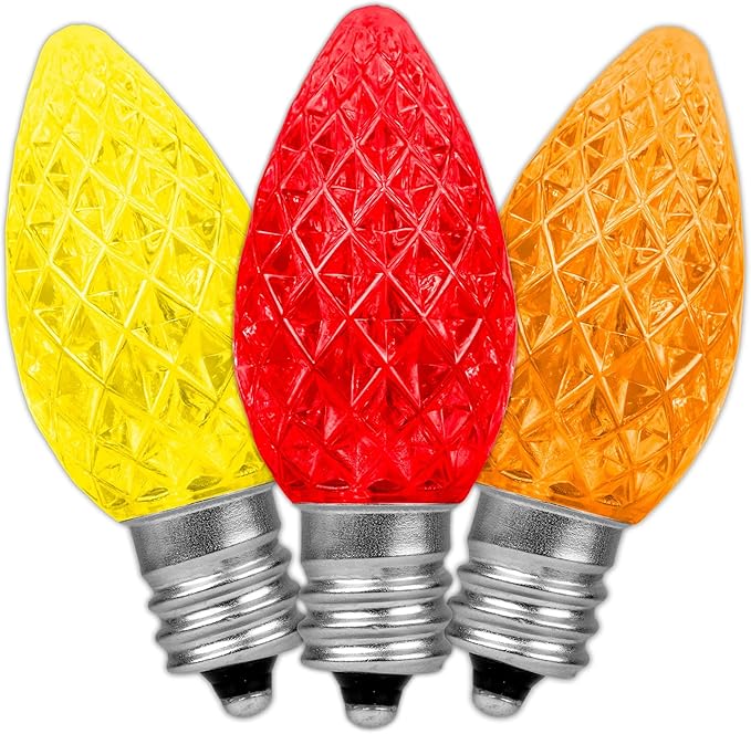 Novelty Lights 25pk Yellow/Red/Orange C7 LED Faceted Christmas Light Replacement Bulbs, Ultra Bright Dimmable Replacement Lamps for Indoor/Outdoor Light Strings